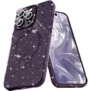 Kal-Coque Magn&eacute;tique Pour Iphone 16 Pro Etui &Agrave; Paillettes Brillant Compatible Avec Magsafe Charge Sans Fil Housse De Protection Antichoc Pour Appareil Photo Glitter Silicone Tpu Souple,Violet - Neuf