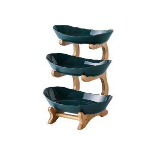 Pr&eacute;sentoir &Agrave; Fruits &Agrave; 3 &Eacute;tages En Plastique Vert Fonc&eacute; Avec Support En Bambou - Neuf