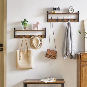Lot de 2 Porte Manteau Mural en Bois, Pat&egrave;re Murale de 10 Crochets, pour Manteaux, &eacute;charpes, Sac et Autres,pour Salle De Bain, Marron Rustique HWS004H-2 - Neuf