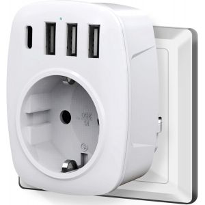 Prise USB Multiple, 5 en 1 Chargeur Multiprise Murale (4000W/16A) avec 1 Prise Murale, 3 USB Secteur et 1Type C, pour Domicile, Bureau, Cuisine etc - Neuf