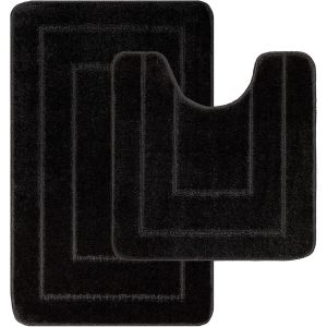 KAL-Ichra - Lot De 2 Tapis De Bain Et De Toilette Antidérapants, Extra Doux Et Absorbants - 100 % Polypropylène Lavable (Noir) - Neuf