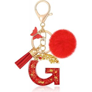 KAL-Initiale Letter Keychains Porte Clé Lettre,Alphabet Initial Keyring Avec Papillon Pompon Pendentif,Rouge Feuille D'Or Key Ring Pour Femmes Portefeuilles Sac À Main Bagages Charme - Neuf