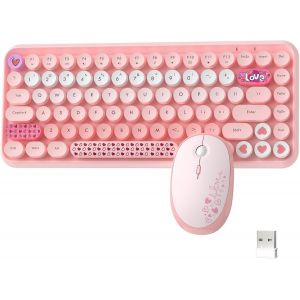 Ensemble Clavier Et Souris Sans Fil, 2.4G 84 Cl&eacute;s Qwerty R&eacute;tro Machine &Agrave; &Eacute;crire Rond Touches Clavier Petit Cordless Esth&eacute;tique Souris Compatible Avec Ordinateur Pour Jeu De Bureau-D&eacute;grad&eacute; Rose - Neuf