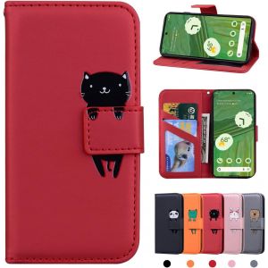 Kal-Coque Google Pixel 7 En Cuir - Portefeuille Magn&eacute;tique Housse De Protection 5g - Chat Rouge - Neuf