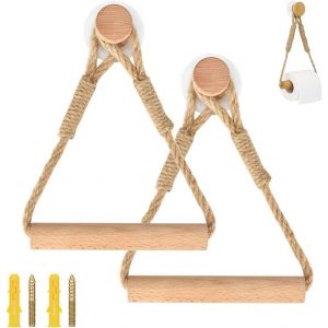 KALANKA-Auto Adh&iquest;&iquest;sif Support pour Rouleau de Papier Toilette, Porte-Papier Salle de Bain Support de Rouleau de Serviette Toilette Corde en Bois Anneau De Serviette Rustic(2 pi&iquest;&iquest;ces) - Neuf