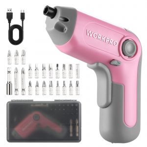 Perceuse Visseuse Sans Fil 6Nm 3,6V WORKPRO, Visseuse Devisseuse Excentrique avec 21 Embouts, Barre d'Extension, Batterie 2000 mAh, Lumiere LED, Cable USB-C, Boite de Rangement, pour Bricolage, Rose - Neuf