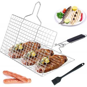 Ulteronixshop-PNOOFR Panier Grille pour Barbecue, Grille Barbecue, Plat Cuisson Barbecue en Acier Inoxydable avec poign&eacute;e, Support de Barbecue Portable pour l'ext&eacute;rieur avec Brosse &agrave; Badigeonner - Neuf