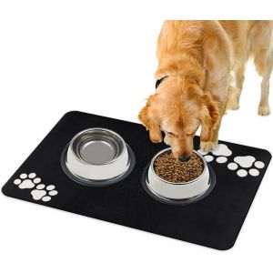 Tapis De Nourriture Pour Chien Et Chat-Séchage Rapide,Super Absorbant,Lavable,Antidérapant-40x60cm (Motif De Deux Paires De Pattes-Noir) - Neuf