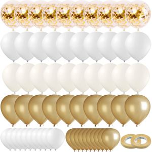 MEVRONISSHOP-80 Pi&egrave;ces Kit Arche Ballon Dor&eacute; et Blanc - Ballons Confettis M&eacute;talliques avec 2 Rubans pour D&eacute;coration Anniversaire, Mariage, R&eacute;union - Neuf