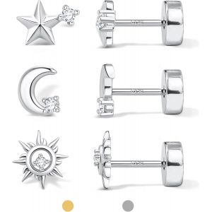 Kal-3 Paires Boucles D'oreilles Argent 925 Pour Femme Homme Hypoallergénique Boucles D'oreilles Or 14 Carats Petites Boucle D'oreille Cz Lune Étoile Soleil Cartilage Helix Conch Piercing Argent Or - Neuf