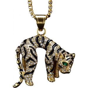 Kal-Pendentif Animal Tigre Scintillante, Collier Tigre P&eacute;tillant Dor&eacute; Pour Hommes, Collier Tigre &Eacute;tincelant Bijoux Hip Hop Tigre Roi, Collier Tigre Aux Yeux Verts Collier Pendentif Animal Tigre Roche - Neuf