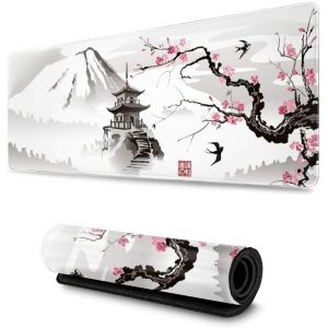 Tapis de souris de jeu surdimensionn&iquest;&iquest; pagode japonaise et branche de cerisier en fleurs, grand tapis de souris de bureau avec bords cousus et base en caoutchouc antid&iquest;&iquest;rapant (90 x 40 cm - Neuf