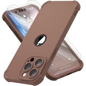 Maa-Coque Pour Iphone 13 Pro Max + 2 Pièces Verre Trempé Protection Écran, 2 En 1 Antichoc Souple Tpu Arrière Rigide Pc Avant Housse De Protection Pour Iphone 13 Pro Max Case 6,7"" Marron - Neuf