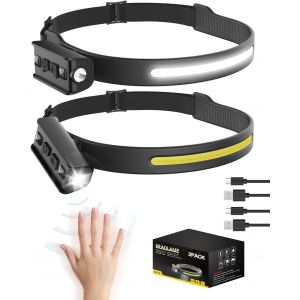 Lampe Frontale Led Ultra-Large 230&deg;,1200lm,Faisceau R&eacute;glable &Agrave; 90&deg;,5 Modes,D&eacute;tection De Mouvement,Batterie Rechargeable 1200mah,R&eacute;sistante &Agrave; L'eau Ipx5,Id&eacute;ale Pour Randonn&eacute;e,Course (2 Pi&egrave;ce) - Neuf