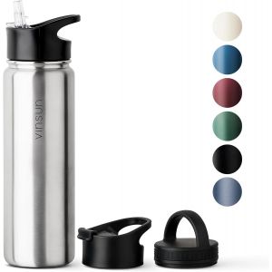 Vinsun Gourde Isotherme 500ml, Gourde Inox Avec Paille - 3 Couvercles - Anti-Fuite, Sans Bpa, - Bouteille Isotherme Pour Sport, Voyage, &Eacute;cole, Universit&eacute; - Neuf