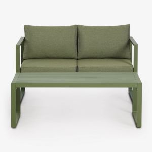 Ensemble De Jardin Avec Canap&eacute; 2 Places Et Table Basse En Aluminium 110x55cm Lipov Vert Olive Intense - Neuf