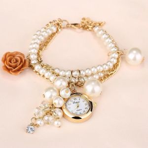 Faux Pearl Alloy Mat&eacute;riau Pendentif Cadran Quartz Mouvement Bracelet Montre Montre-Bracelet (Marron) - Neuf