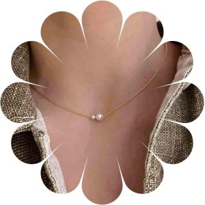 Kal-Vintage Pearl Pendentif Collier Choker Or Flottant Perle Collier Choker Freshwater Pearl Choker Chaîne Minimaliste Collier Chaîne Bijoux Pour Femmes Et Filles - Neuf