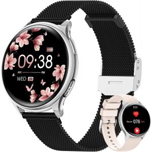 Montre Connect&eacute;e Femme Avec Appel Bluetooth 5.3, 1.27"" Hd Smartwatch Avec Ecg+Hrv, 150+ Sport, Sant&eacute; Au F&eacute;minin, 24H Fr&eacute;quence Cardiaque Sommeil Spo2, Podometre Ip68 Android Ios Noir Argent - Neuf
