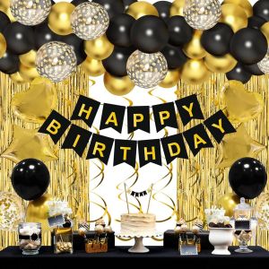 CAUC-Decoration Anniversaire Noir Et Or, 55 Ballons Noir Et Or,Ballon Confettis Or, Banderole Joyeux Anniversaire, Rideau Frange Anniversaire, Kit Ballons Anniversaire Noir Pour Happy Birthday Decora - Neuf