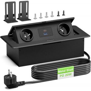 Multiprise Encastrable USB C PD20W, Aluminium Prise Encastrable Plan de Travail 2 Prise, Bloc Prise Encastrable pour Cuisines Bureaux Salle de R&eacute;union, 2500W/10A, 1.8M C&acirc;ble, Noir - Neuf