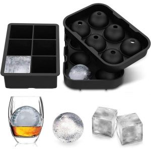 Kal-Lot De 2 Grands Bacs À Glaçons En Silicone Avec Couvercle, 1 Bac À Glaçons Carré Et 1 Moule À Boule De Glace Pour Cocktail, Mojito, Whisky, Nourriture Pour Bébé, Sans Bpa, Reutilisable - Neuf