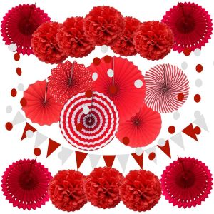 Senior-¿ Ensemble De Décoration De Fête Rouge Avec 21 Éventails En Papier À Suspendre, Pompons, Fleurs, Guirlandes, Fanions Triangulaires, Pour Fêtes D'Anniversaire, Fêtes Prénatales, Mariag[L32] - Neuf