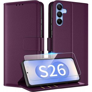 ELVORIX-Coque pour Samsung Galaxy S26 Etui avec Verre Tremp&eacute; Porte Carte &agrave; Rabat Clapet Portefeuille en Cuir Pochette Flip Case &Eacute;tui Cover Housse Protection,Violet Fonc&eacute; - Neuf