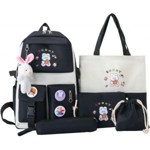 CHECARZHN--NO1-Lot De 5 Sacs À Dos En Toile Pour Filles - Sac À Dos Kawaii Assemblé - Joli Sac D'École Avec Pendentif Lapin En Peluche Et Autocollants De Dessin Animé - Sac À Dos En Peluche Pour Adol - Neuf