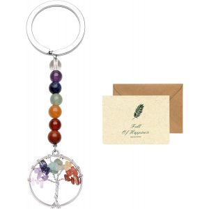 Kal-Porte - Clés Pour Femmes, 7 Chakras Arbre De Vie Cristal De Guérison Porte - Clés Pierres Précieuses Naturelles Perles Porte - Clés Pour Femmes Cristal Pour Hommes, Plein Avec Carte De Bonheur - Neuf