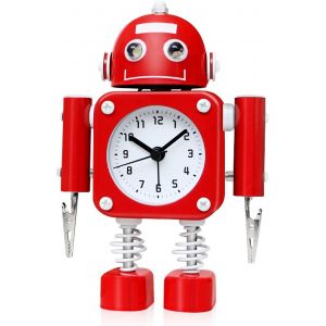 R&eacute;veil robot sans tic-tac en m&eacute;tal inoxydable - Horloge de r&eacute;veil avec lumi&egrave;res oculaires clignotantes (rouge rubis) - Neuf