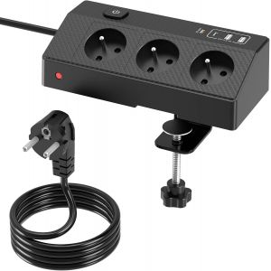 Multiprise de Bureau 7 en 1 avec 3 Sorties AC Fran&ccedil;aise,4 Ports USB,Protection Anti-Surtension,C&acirc;ble 2m, Interrupteur,4000W/16A,Multiprise de Table pour Bureau/Maison - Neuf