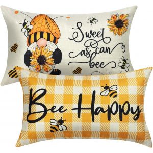 Cauc-Lot De 2 Housse De Coussin 30x50 D&eacute;coratif Canap&eacute; Taie D'oreiller En Coton Lin Motif Fleurs Abeille Coussin Canap&eacute; Decoration Pour Maison Salon Chambre &Agrave; Coucher Jardin - Neuf