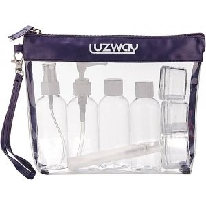KALANKA-Trousse de Toilette Transparente + 8 Bouteilles Vide de Voyage pour Liquides(Max.100ml), Kit de Voyage pour l`Avion,Set de Voyage dans Bagages à Main, Sac Cosmétiques pour Hommes et Femmes - Neuf