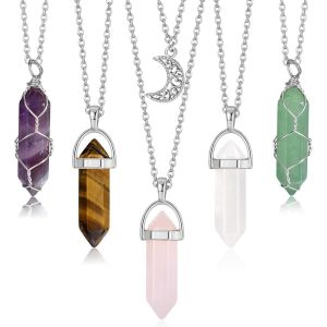 Kal-5 Pièces Collier Pendentif En Cristal Pierre De Guérison Naturelle Améthyste Collier De Pierres Précieuses De Quartz Rose Pour Les Femmes - Neuf