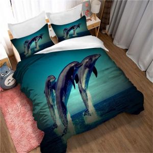 Parure De Lit 3 Pieces Motif Dauphin Sautant, Housse De Couette En Microfibre Douce Et Facile D'entretien Avec 2 Taies D'oreiller, Pour Adolescentes, Filles Et Enfants, R&eacute;versible - Neuf