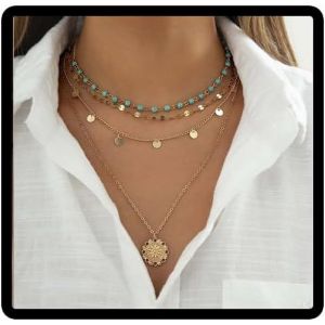 Kal-Sunflower Turquoise Collier Pendentif Or Vintage Fleur Plat Sequin Collier Perle Oeil Perles Collier Femme Et Fille Bijoux (Collier D'or A) - Neuf