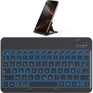 Clavier Sans Fil Bluetooth Avec Support, Mini Clavier Portable R&eacute;tro&eacute;clair&eacute; Rechargeable Silencieux Azerty Fran&ccedil;ais Pour Ios Android Windows, Noir - Neuf