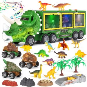 KAJGL-Dinosaure Jouet Camion De Transporteur Jouet Avec Lumi&egrave;re Et Son,23 Pcs Dinosaure Jeu Voiture Dinosaure Cadeau Pour Enfant 3 4 5 Ans - Neuf