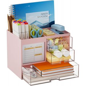 Organiseur De Bureau Avec 3 Tiroirs,Porte-Crayons De Grande Capacité Pour Bureau,4 Compartiments Et Rangement Accessoires Organiseur Maison Et L'école(Rose) - Neuf