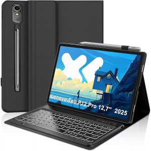 Coque Clavier Pour Lenovo Idea Tab Pro 12.7 Pouces 2025 Avec R&eacute;tro&eacute;clair&eacute;es, &Eacute;tui Clavier Pour Lenovo Idea Tab Pro Magn&eacute;tique D&eacute;tachable Bluetooth Fran&ccedil;ais Azerty Layout, Noir - Neuf