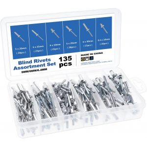 135 Pièces Rivet Aluminium,5/6/6,4 mm Rivet Pop,6 Tailles Assortiment Rivets Aveugle pour Métal Bois Plastique,avec Boîte de Rangement - Neuf