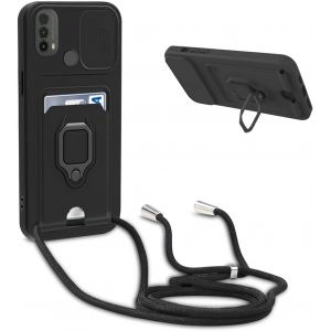 Kal-Coque Avec Cordon Pour Motorola Moto E20/E30/E40,Collier Pour Étui Colliers De Cellulaire Réglable Corde Silicone Souple Case,Protection De La Caméra,Support,Porte Cartes - Noir - Neuf