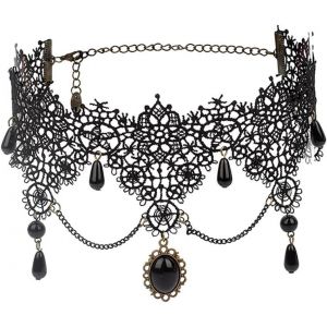 Kal-Collier Ras Du Cou En Dentelle Noire Avec Pendentif En Cristal - Style Gothique Creux - Accessoires D'halloween Pour Femmes Et Filles - Neuf
