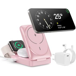 3 In 1 Wireless Charger With Mag-Safe 15w, Qi Certified Charging Dock, Foldable Wireless Induction Charger For Iphone 16 15 14 13 12, Apple Watch, Airpods Pro With Quick Adapter - Neuf