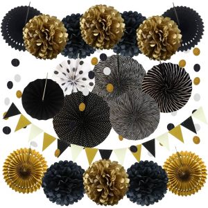 CHECARZHN--NO1-Décoration De Fête Fournitures, 21 Pièces Noir Papier Pompoms Fleurs, Eventail Boule, Banderole En Triangle, Ventilateur Guirlandes Fête Baptême Birthday Graduation D'Anniversaire Déco - Neuf