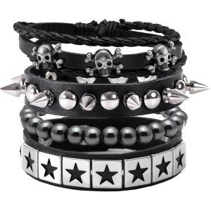 Kal-Lot De 4 Bracelets De Style Gothique Avec T&ecirc;te De Mort, &Eacute;toile Et Boucles R&eacute;glables, Bijoux Vintage Punk - Neuf