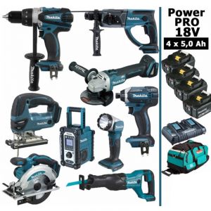 Pack Makita Power PRO 9 outils 18V: DDF458 DHR202 DGA504 DTD152 DJV180 DSS610 DJR186 DMR108 DEADML802 + 4 batt 5Ah + sac - Neuf