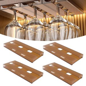 Sjzg-4 Pi&egrave;ces Porte Verre &Agrave; Vin Suspendu, Support De Verre &Agrave; Vin Sous Armoire Sans Per&ccedil;age Porte-Verres &Agrave; Pied Suspendu Auto-Adh&eacute;sif Accroche-Verres Pour &Eacute;tag&egrave;re Pour Bar Cuisine Restaurant (Marron) - Neuf