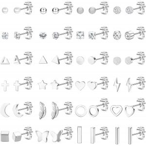 Kal-24 Paires Petite Boucles D'oreilles Pour Femme Fille Acier Chirurgical Boucles D'oreilles Cartilage Hypoallergénique Etoile Lune Perle Cz Clou D'oreille Plat Ensemble Piercing Bijoux - Neuf